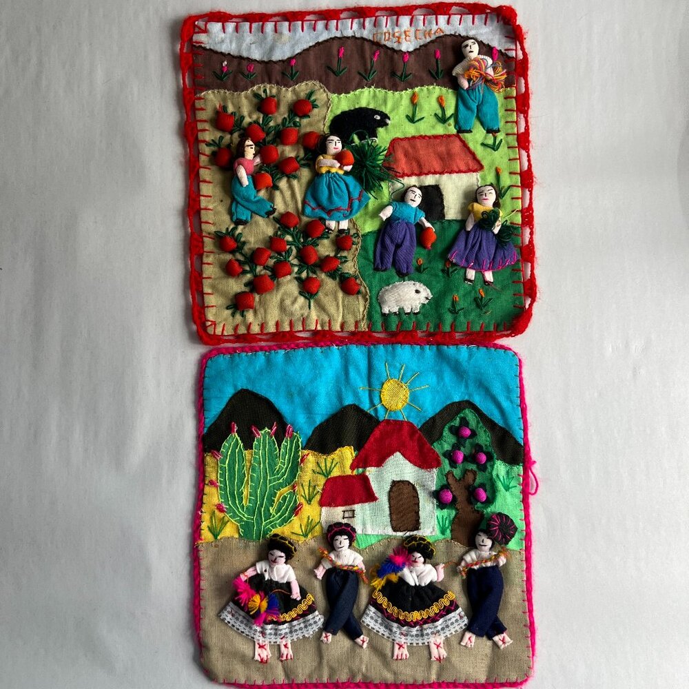 Peruvian Arpilleras‎ 3D Applique Folk Art Textiles Set of 2 10x10